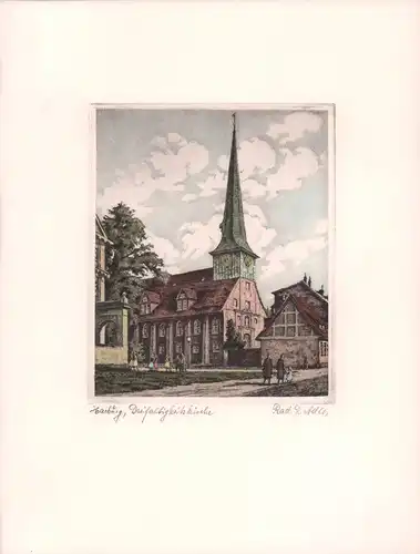 Dreifaltigkeitskirche, Hamburg-Harburg. Handkolorierte Original-Radierung, Adler, Richard