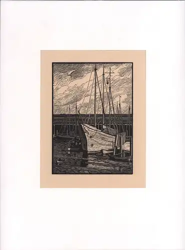 Hafenszene. Original-Holzschnitt auf leicht getöntem Papier, in der Platte monogrammiert, Hennemann, Karl