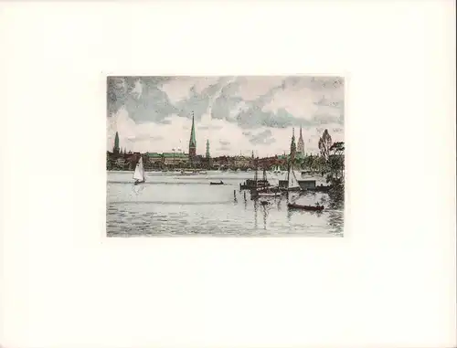 Außenalster Hamburg [I]. Handkolorierte Original-Radierung, Mühlhan, Adolf