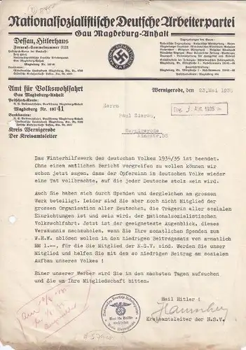 Werbeschreiben der Nationalsozialistischen Deutsche Arbeiterpartei, Gau Magdeburg-Anhalt, Amt für Volkswohlfahrt an Herrn Paul Zierau, Wernigerode, Ringstr. 55. 