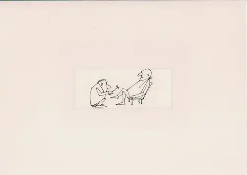 Karikaturzeichnung ohne Titel aus einer kleinen Doodle-Folge: Kniereflex-Untersuchung. Original-Federzeichnung, Tusche auf Papier, Flora, Paul (1922-2009)