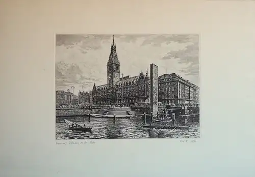 Rathaus Hamburg und Kleine Alster. Einfarbige Original-Radierung, Adler, Richard