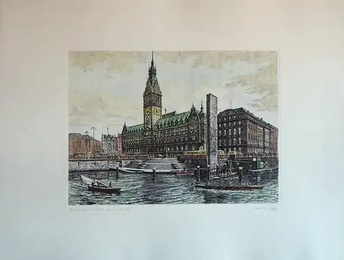Rathaus Hamburg und Kleine Alster. Handkolorierte Original-Radierung, Adler, Richard