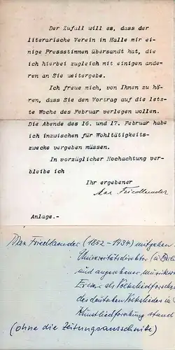 Friedländer, Max: Maschinenschriflticher Brief mit eigenhändiger Unterschrift. Datiert Berlin, 1. Febr. 1907. 