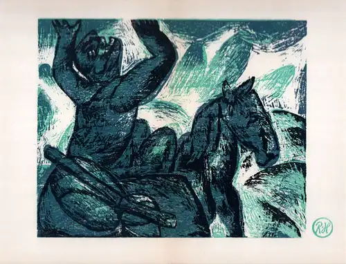 [Mann zu Pferd]. Dreifarben-Holzschnitt zu Aitmatow: "Kamelauge". Mit Stempelsignatur, Herold, Rainer (geb. 1940), Maler, Graphiker u. Bildhauer