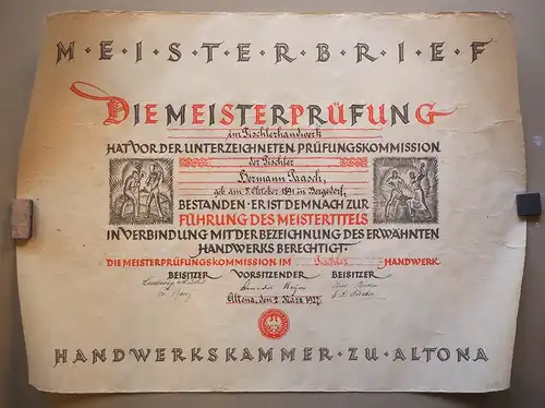 TISCHLERHANDWERK: Meisterbrief für Hermann Paasch, Tischler. Ausgestellt von der Meisterprüfungskommission im Tischler-Handwerk. 