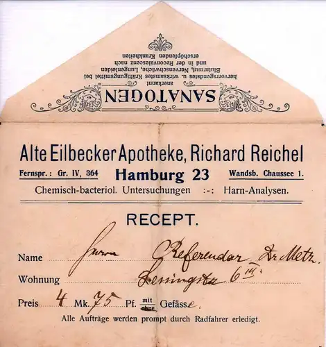 Arzneimittelrezept aus dem 19. Jahrhundert. Kleiner, beidseitig bedruckter "Recept"-Umschlag der "Alte Eilbecker Apotheke, Richard Reichel", Hamburg 23, mit handschriftlicher Empfängeradresse. 