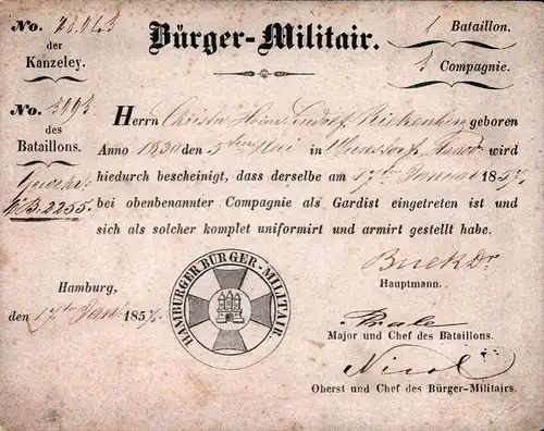 Beitrittsausweis zum Hamburger Bürger-Militair. 
