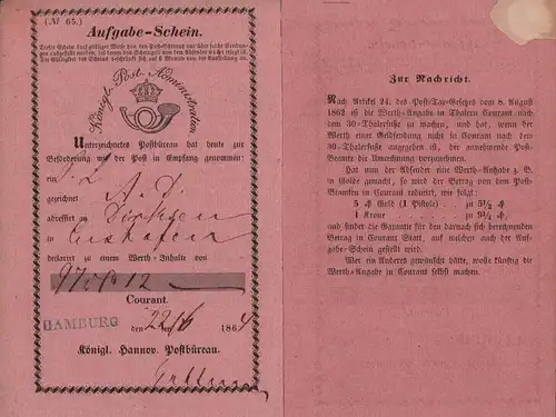 Aufgabe-Schein (No. 65). 2 Posteinlieferungsscheine  Königl. Hannov. Postbüreau
