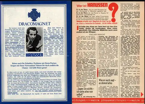 Hanussen, [Gerhard]: Dracomagnet [von] Hanussen (II.). Werbeprospekt in Leporelloform. Mit Beilage, zusammen 2 Teile. 