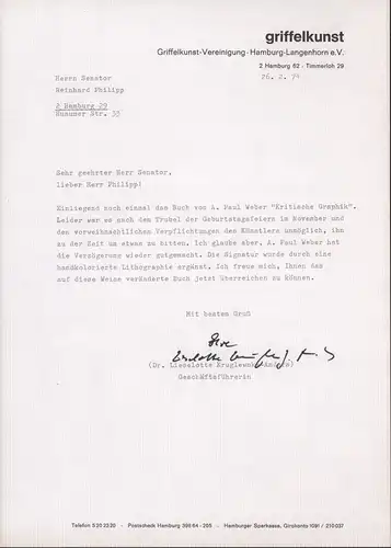 Kruglewsky-Anders, Lieselotte: Maschinenschriftlicher Brief mit Unterschrift. An den Hamburger Kultursenator Reinhard Philipp. 