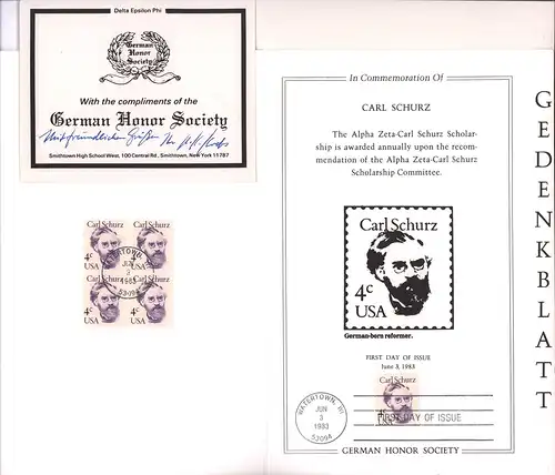 Schurz, Carl: Carl Schurz Gedenkblatt [Briefmarken/Philatelie]. Offizielle Sonderausgabe / Special Edition der German Honor Society. 1 Block (mit 4) u. 1 Einzelbriefmarke "Carl Schurz, 4c, USA": In Commemoration of the German Heritage of the United States