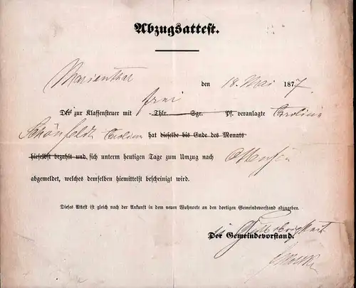 Abzugsattest. Behördliche Abmeldebescheinigung, datiert 18. Mai 1877. 