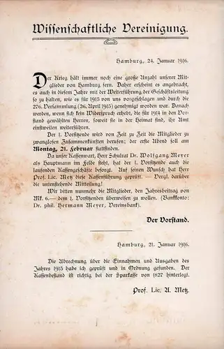 Wissenschaftliche Vereinigung Hamburg. [Mitteilung an die Mitglieder] vom Januar 1916. 