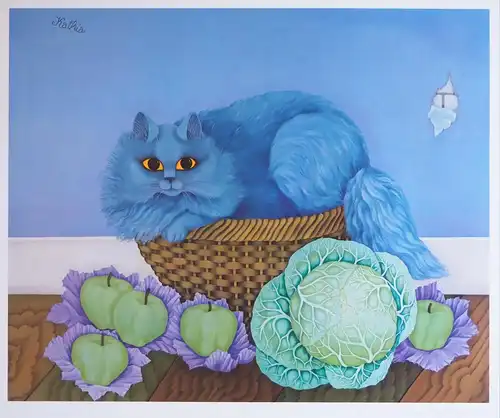 Bodo im Korb mit Äpfeln und Kohl. Katzenmalerei. Farboffsetdruck, Berger, Kathia