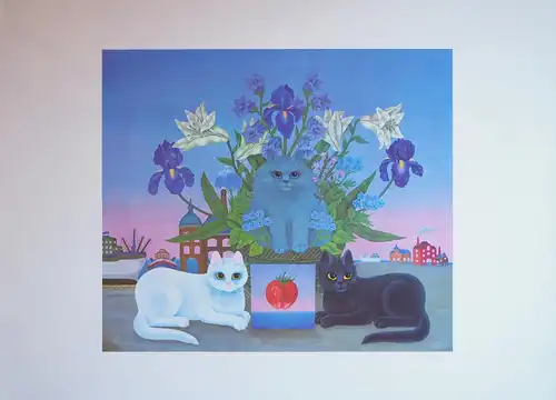 Bodo, Minz und Philipp am Hamburger Hafen. Katzenmalerei: Blaue und weiße Katze, schwarzer Kater und Blumenbouquet vor Hafenkulisse. Farboffsetdruck, Berger, Kathia