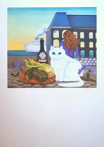 Minz und Kathia am Hamburger Hafen. Katzenmalerei. Farboffsetdruck, Berger, Kathia