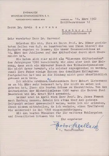 Garvens, Erwin.: Maschinenschriftlicher Brief von Theodor Hagelberg an Erwin Garvens. Mit gedrucktem Briefkopf "Ehemalige Wilhelm-Gynasiasten e. V.". 