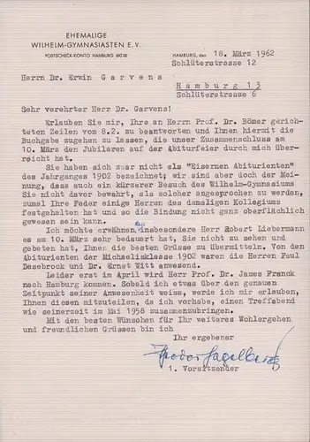 Garvens, Erwin.: Maschinenschriftlicher Brief von Theodor Hagelberg an Erwin Garvens. Mit gedrucktem Briefkopf "Ehemalige Wilhelm-Gymnasiasten e. V.". 