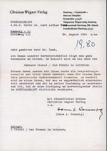 Neunzig, Hans A: Maschinenschriftl. Brief  an Kurt Lothar Tank mit eigenhändiger Unterschrift. Datiert 28. August 1961. 