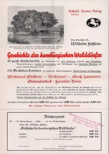 WERBEZETTEL zu: Wilhelm Füßlein: Geschichte der Hamburgischen Walddörfer. Beidseitig, zweifarbig bedrucktes Blatt. 