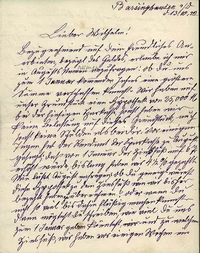 Handgeschriebener Brief an einen "Liebe(n) Wilhelm!". Datiert u. signiert (von "Euren dankbaren Barsinghäusern"). 