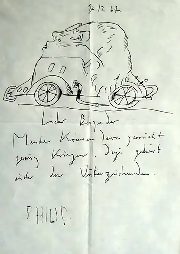 Eigenh. Brief mit Selbstkarikatur. Handzeichnung (10 x 17,5 cm) und Text in schwarzem Kugelschreiber, datiert 17.12.67, Janssen, Horst (1929-1995)