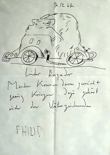 Janssen, Horst (1929-1995): Eigenh. Brief mit Selbstkarikatur. Handzeichnung (10 x 17,5 cm) und Text in schwarzem Kugelschreiber, datiert 17.12.67. 