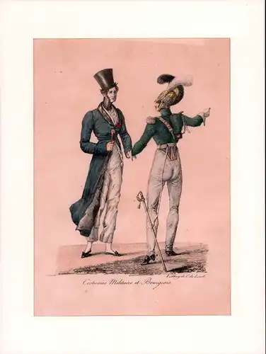 Lasteyrie, C. de: Costumes Militaire et Bourgeois. Altkolorierte Kreidelithographie von C. de Last. (d. i. Charles Philibert du Saillant, Comte de Lasteyrie). 
