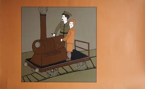 Siebdruck ohne Titel [Knabe beim Lokführer auf dampfendem Triebwagen]. Auf monochrom gedrucktem braunen Fond, Hollenstein, Cécile (d.i. Cécile Muhr-Hollenstein)