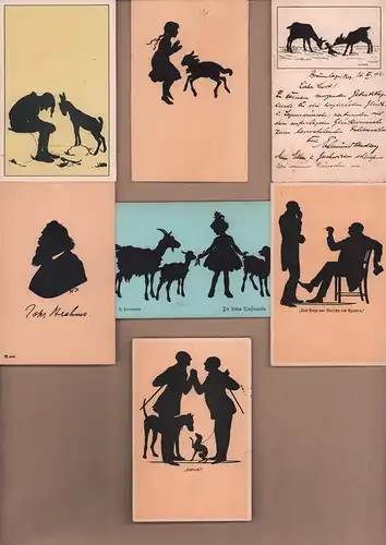 Silhouetten: Kleinkonvolut Postkarten mit gedruckten Scherenschnitt-Motiven. 7 Teile. 