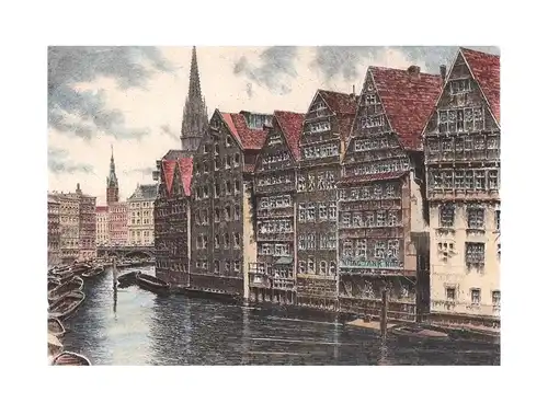 Bruck, Albrecht: Deichstraßenfleet, Hamburg. Querformat. Handkolorierte Original-Radierung. 