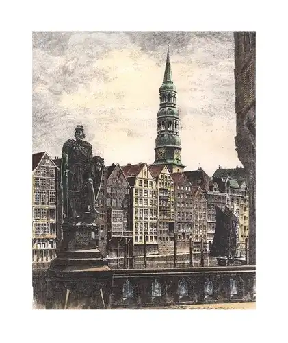 St. Katharinen von der Trostbrücke aus gesehen. Handkolorierte Original-Radierung, Bruck, Albrecht