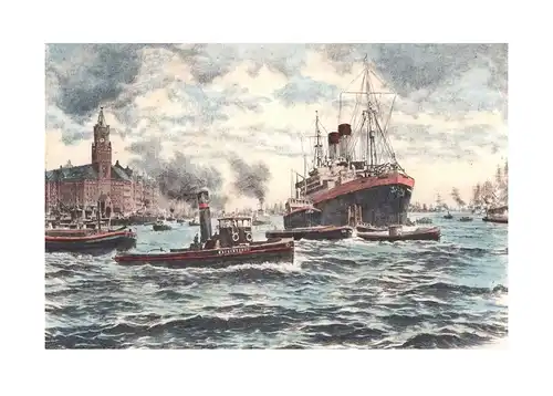 Kehrwieder in Hamburg mit Großfrachter. Handkolorierte Original-Radierung, Bruck, Albrecht