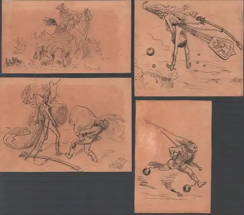 Bürger, Gottfried August: Wunderbare Reisen zu Land, Feldzüge und lustige Abenteuer des Freiherrn von Münchhausen. Vier ältere Original Tuschzeichnungen auf Pergamentpapier nach Holzstichillustrationen von Gustave.. 