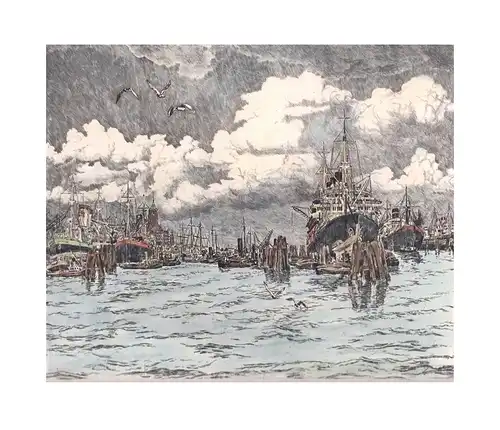Hafen Hamburg. Handkolorierte Original-Radierung, Herrmann, Rudolph