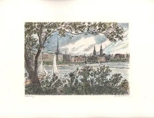 Binnenalster, Hamburg. Handkolorierte Original-Radierung, Herrmann, Rudolph
