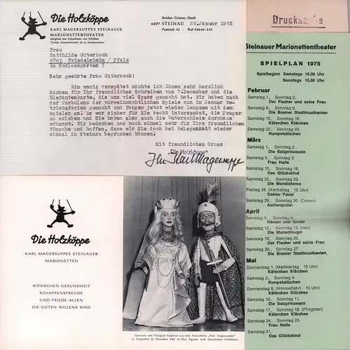 Magersuppe, Karl (1900 - 1981), Puppenspieler u. Prinzipal: Maschinenschriftl. Brief mit Stempel "Die Holzköppe" u. Unterschr. "Ihr Karl Magersuppe". 