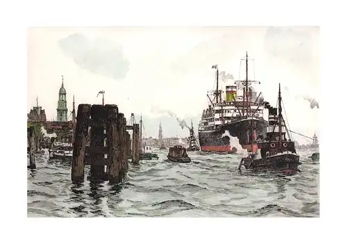 Hafen Hamburg mit Duckdalben II. Handkolorierte Original-Radierung, Mühlhan, Adolf