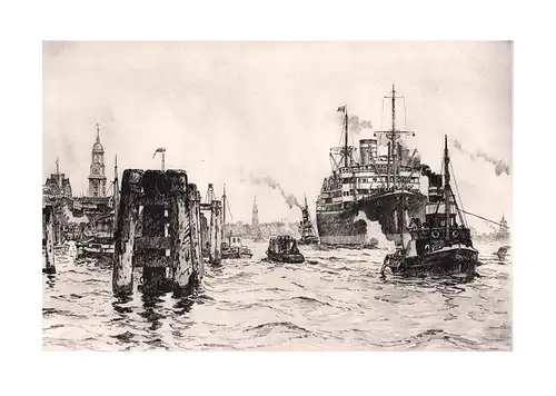 Hafen Hamburg mit Duckdalben II. Einfarbige Original-Radierung, Mühlhan, Adolf