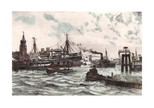 Kehrwiederspitze Hamburg, Kaispeicher A. Handkolorierte Original-Radierung, Mühlhan, Adolf