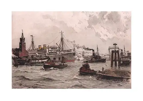 Kehrwiederspitze Hamburg, Kaispeicher A. Handkolorierte Original-Radierung, Mühlhan, Adolf