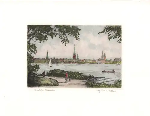 Außenalster in Hamburg [II]. Handkolorierte Original-Radierung, Mühlhan, Adolf