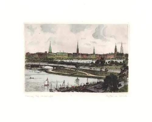 Neue Lombardsbrücke in Hamburg. Handkolorierte Original-Radierung, Mühlhan, Adolf