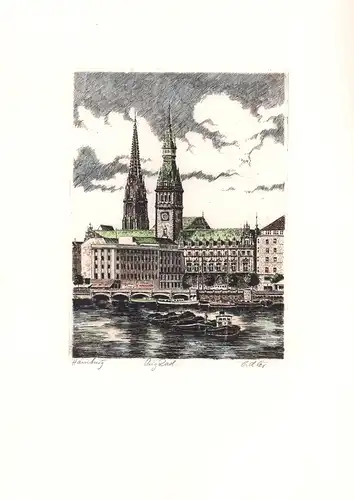 Rathaus Hamburg von der Außenalster. Handkolorierte Original-Radierung, Adler, Richard
