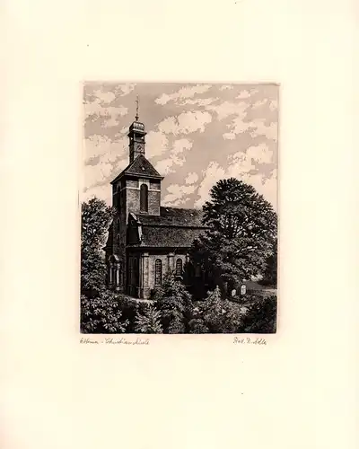 Christianskirche in Hamburg-Ottensen. Einfarbige Original-Radierung, Adler, Richard