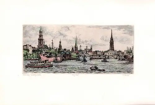 Landungsbrücken Hamburg. Panorama mit Hafenrand. Handkolorierte Original-Radierung, Adler, Richard