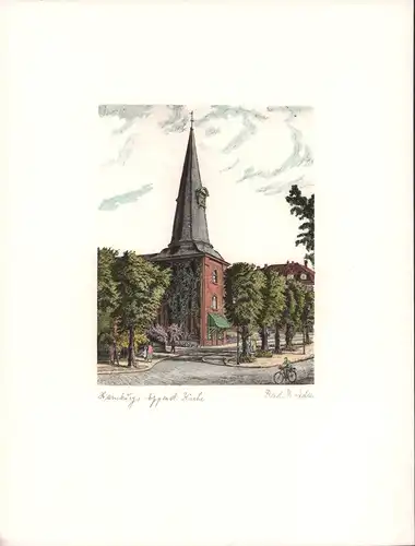 St. Johannis-Kirche, Hamburg-Eppendorf. Handkolorierte Original-Radierung, Adler, Richard