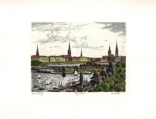 Neue Lombardsbrücke Hamburg. Handkolorierte Original-Radierung, Adler, Richard