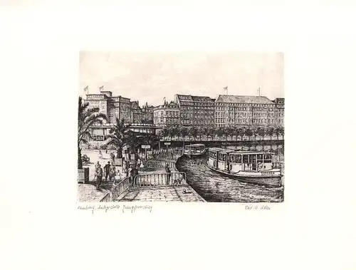Jungfernstieg in Hamburg, Anlegestelle. Einfarbige Original-Radierung, Adler, Richard